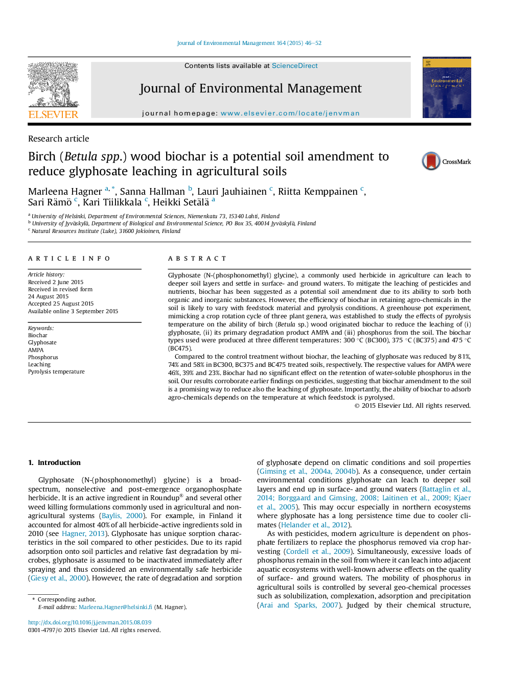 Birch (Betula spp.) wood biochar is a potential soil amendment to reduce glyphosate leaching in agricultural soils