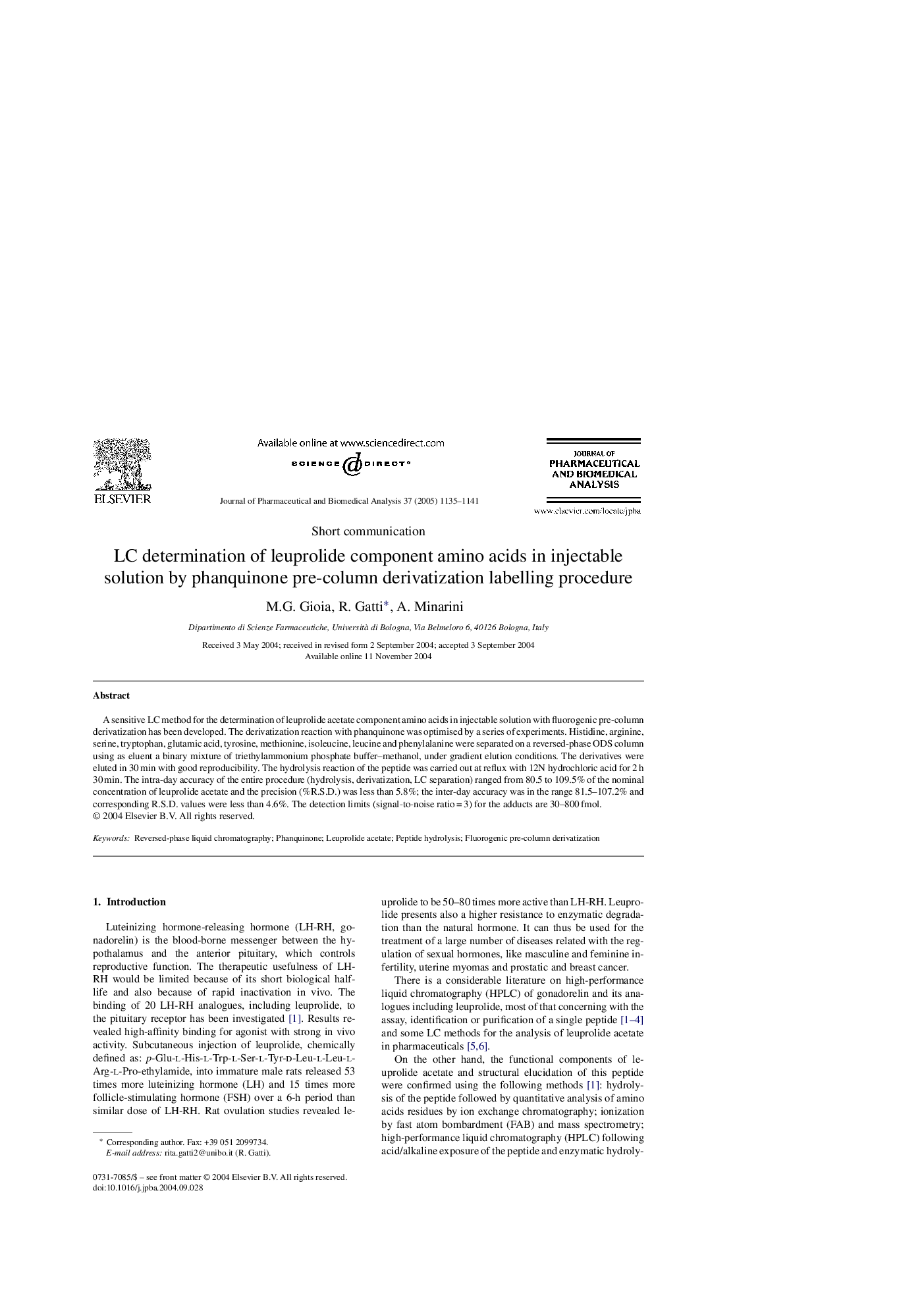 LC determination of leuprolide component amino acids in injectable solution by phanquinone pre-column derivatization labelling procedure