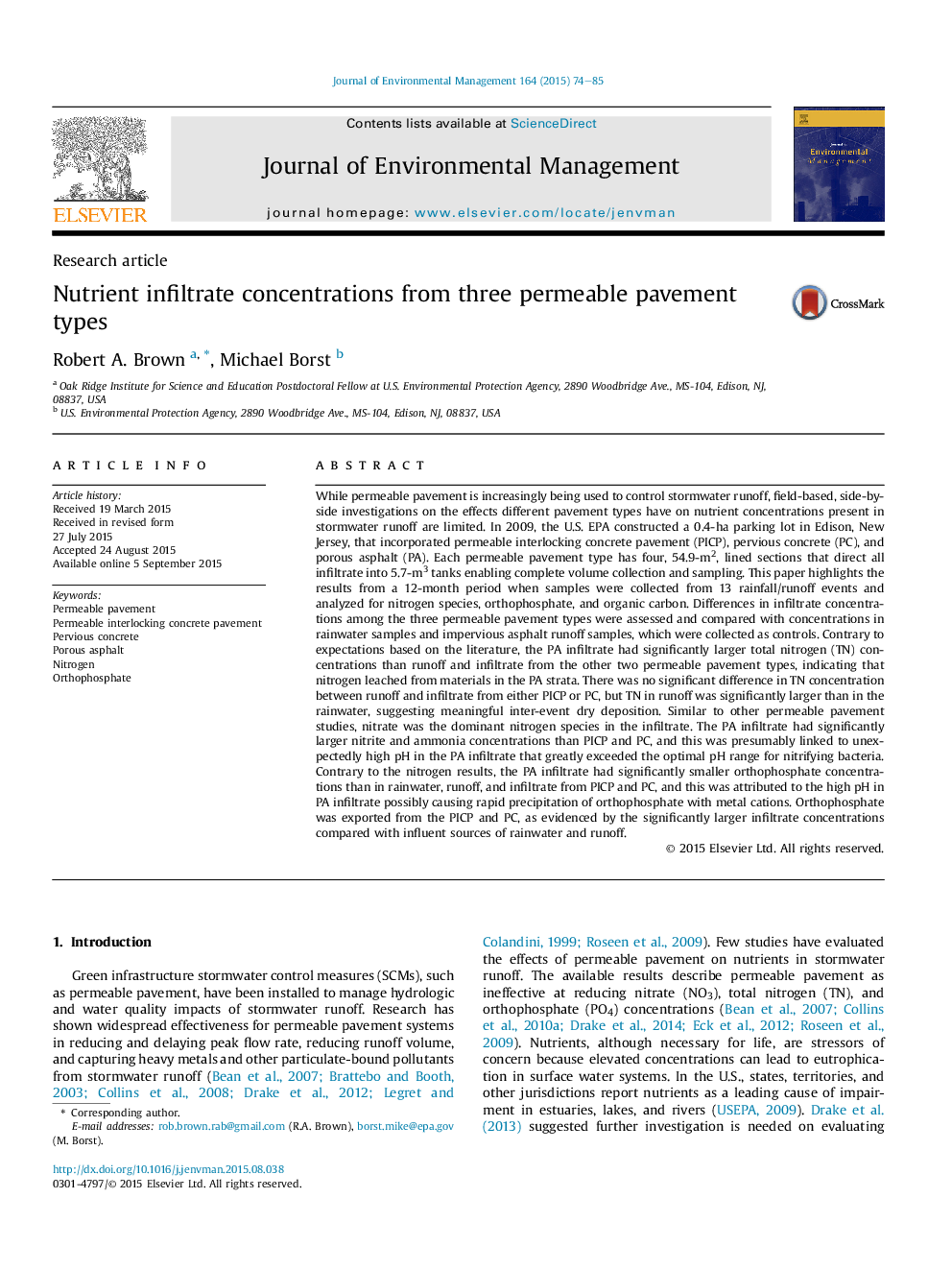 Nutrient infiltrate concentrations from three permeable pavement types