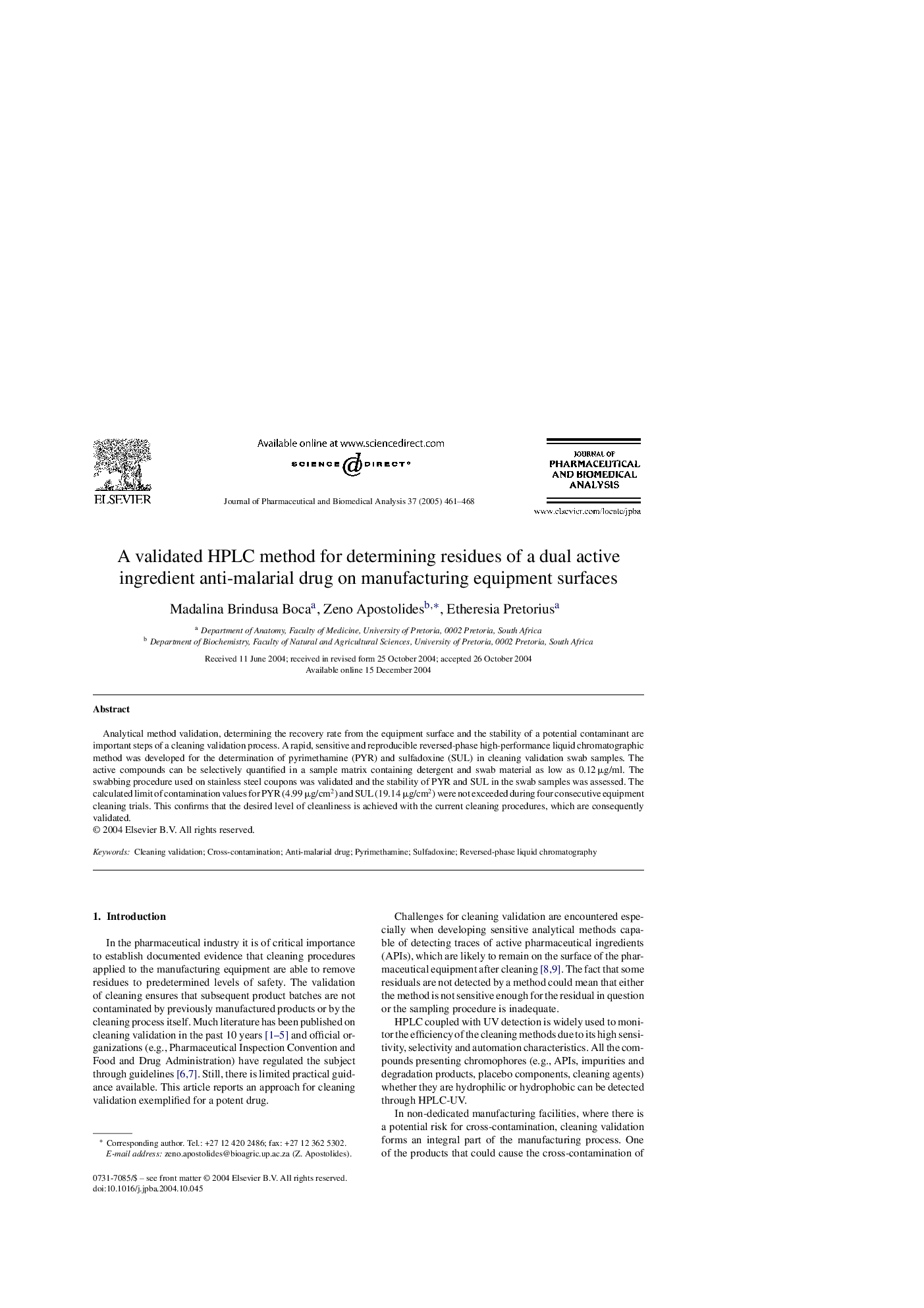 A validated HPLC method for determining residues of a dual active ingredient anti-malarial drug on manufacturing equipment surfaces