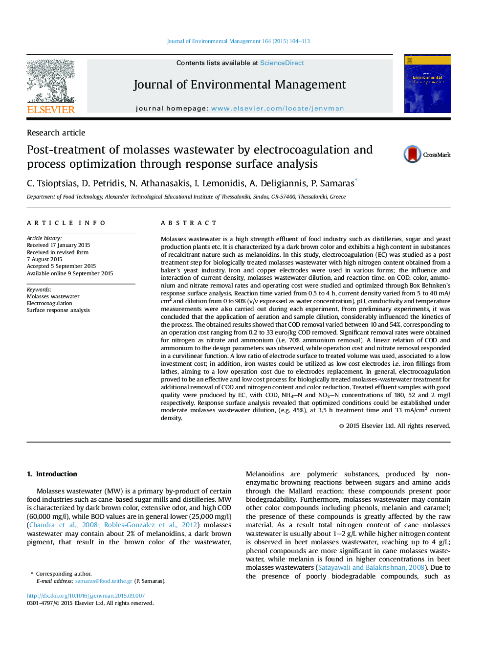 Post-treatment of molasses wastewater by electrocoagulation and process optimization through response surface analysis