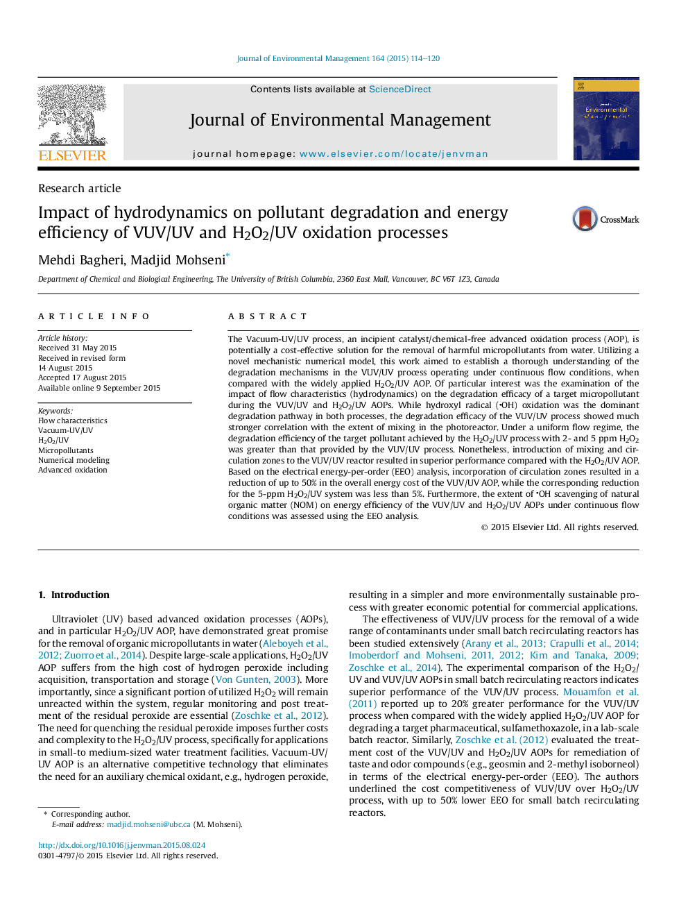 Impact of hydrodynamics on pollutant degradation and energy efficiency of VUV/UV and H2O2/UV oxidation processes