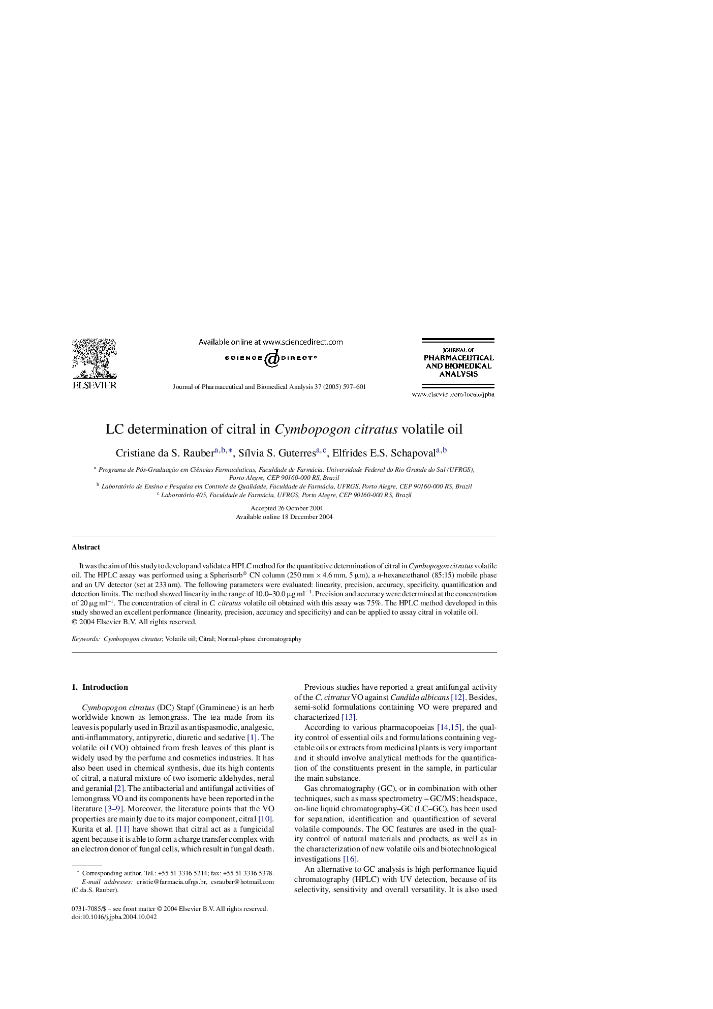 LC determination of citral in Cymbopogon citratus volatile oil