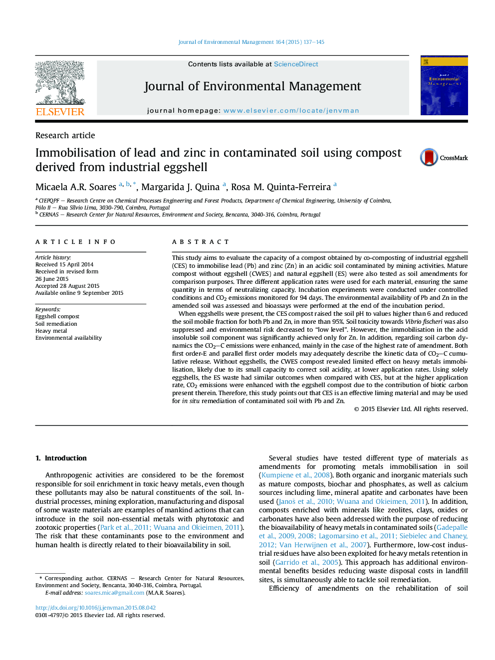 Immobilisation of lead and zinc in contaminated soil using compost derived from industrial eggshell