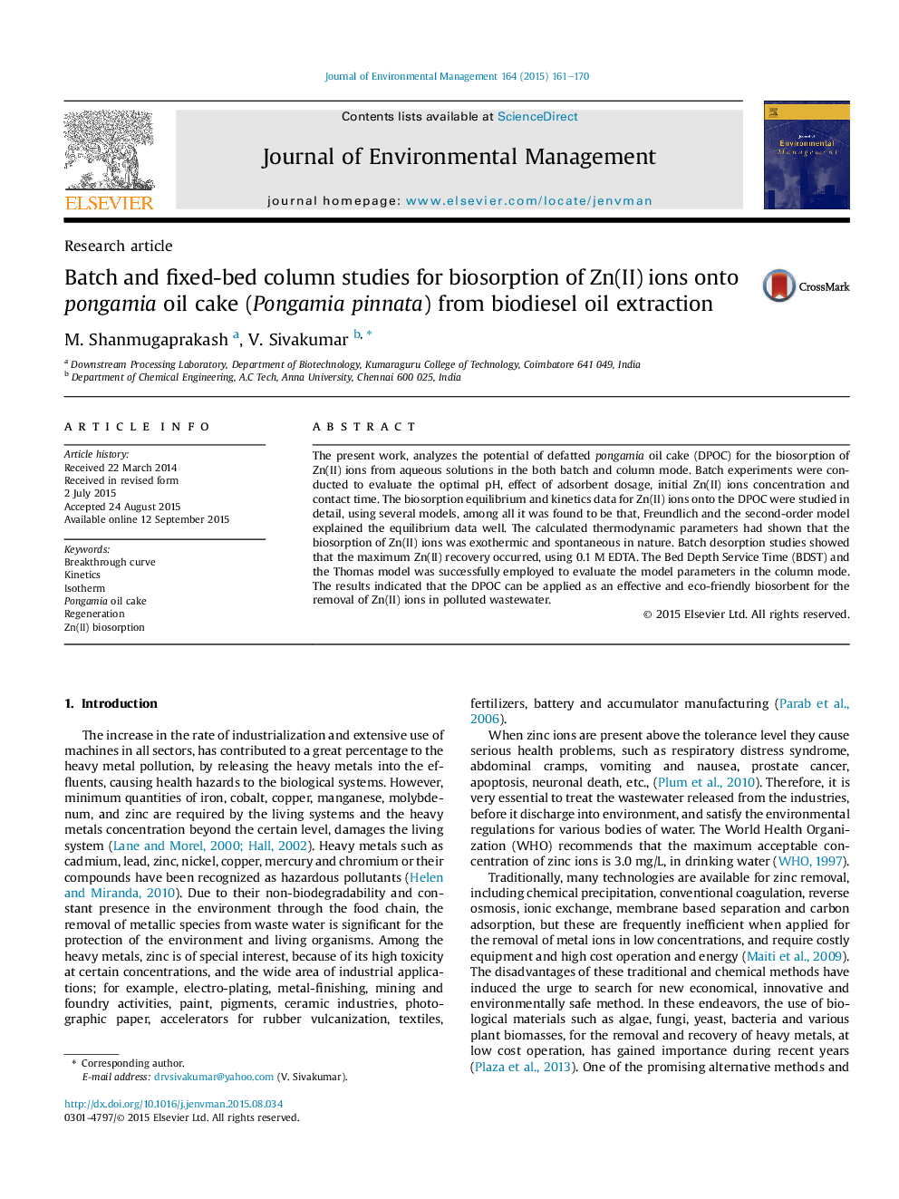 Batch and fixed-bed column studies for biosorption of Zn(II) ions onto pongamia oil cake (Pongamia pinnata) from biodiesel oil extraction