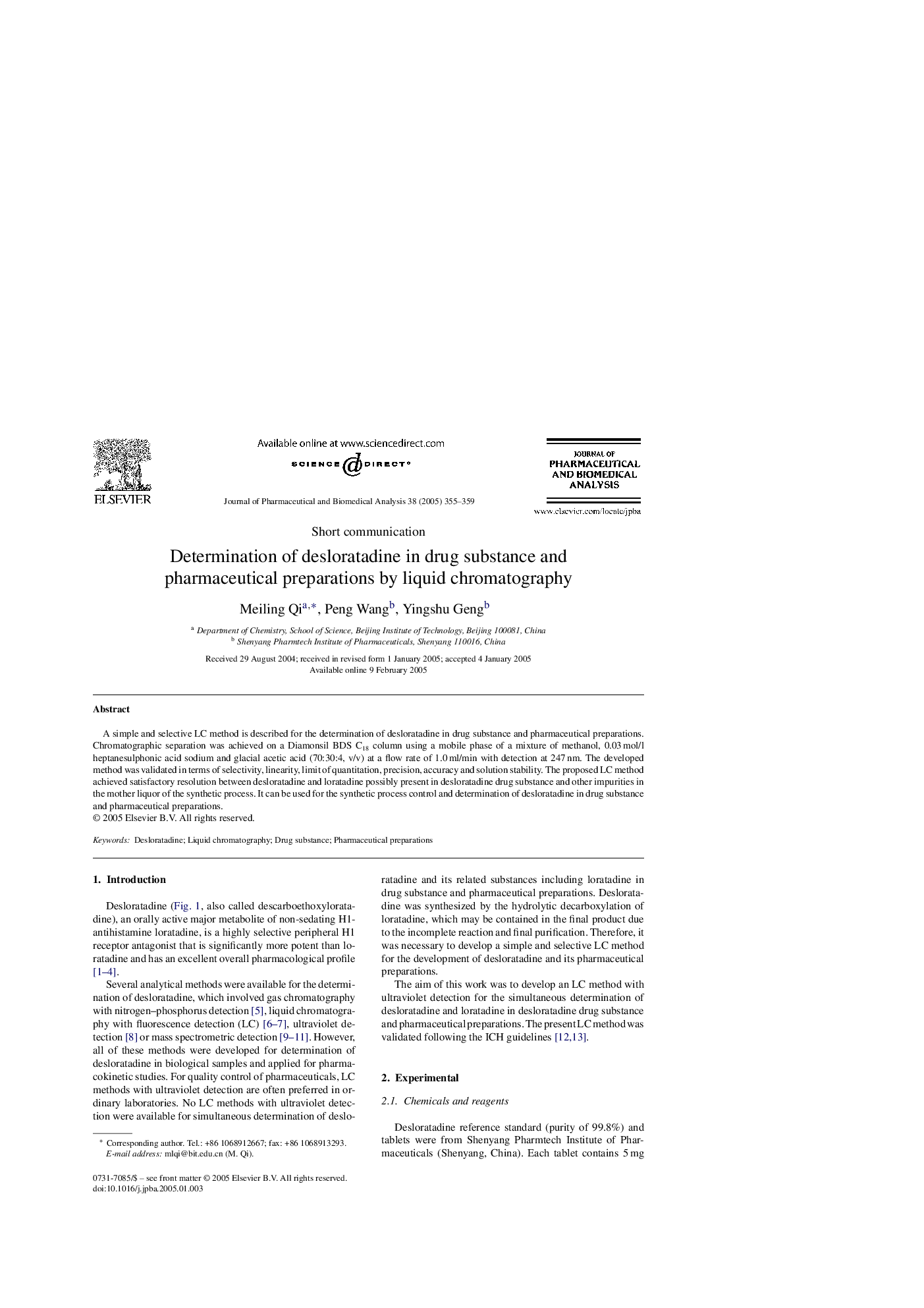 Determination of desloratadine in drug substance and pharmaceutical preparations by liquid chromatography