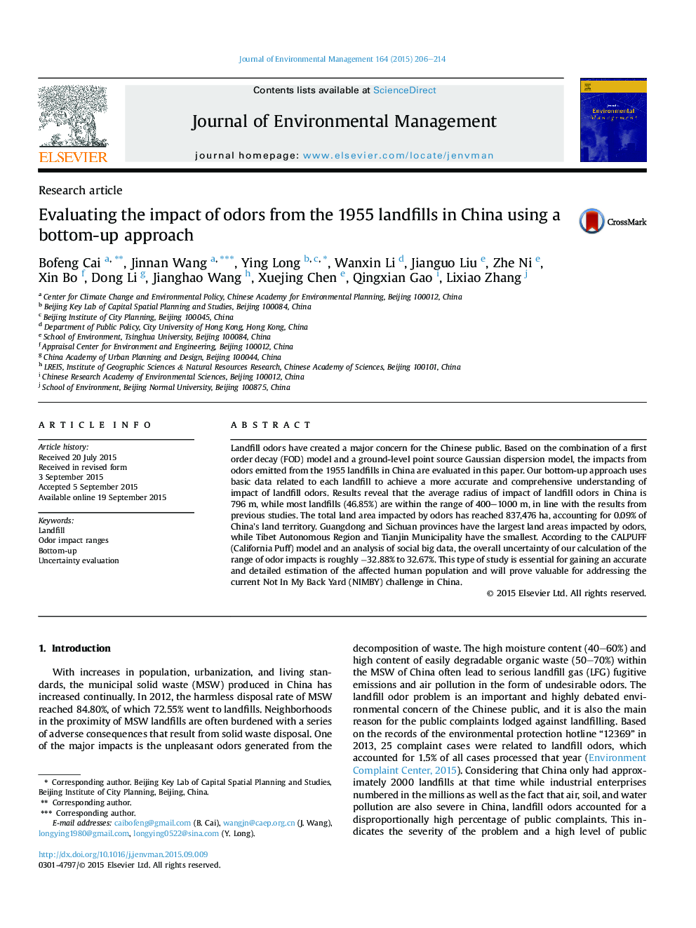 Evaluating the impact of odors from the 1955 landfills in China using a bottom-up approach