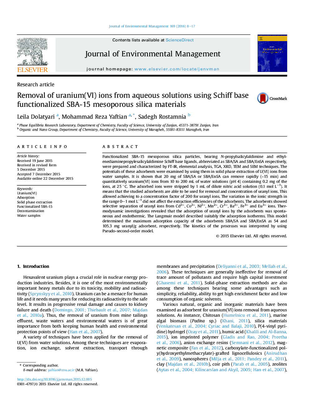 Removal of uranium(VI) ions from aqueous solutions using Schiff base functionalized SBA-15 mesoporous silica materials