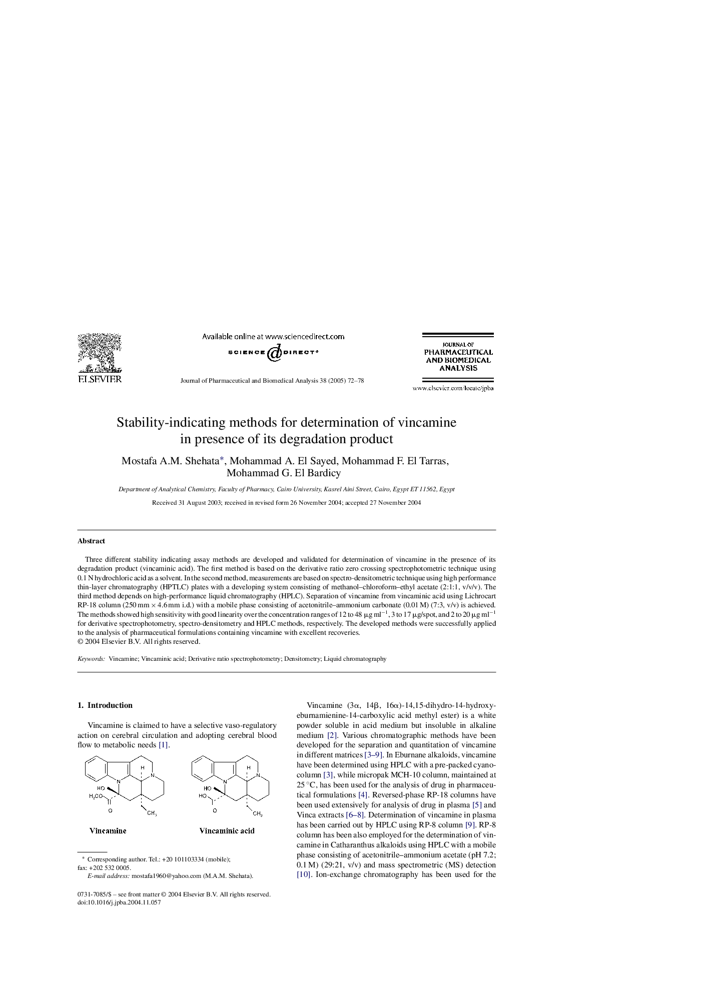 Stability-indicating methods for determination of vincamine in presence of its degradation product