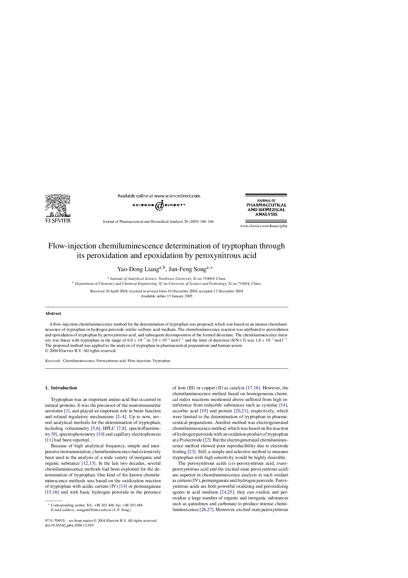 Flow-injection chemiluminescence determination of tryptophan through its peroxidation and epoxidation by peroxynitrous acid