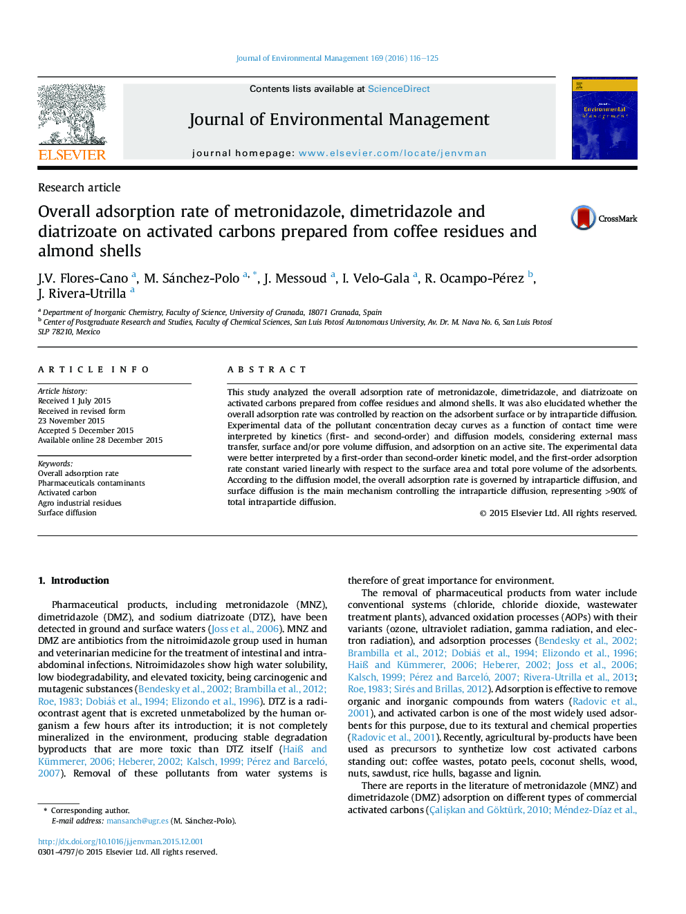 Overall adsorption rate of metronidazole, dimetridazole and diatrizoate on activated carbons prepared from coffee residues and almond shells