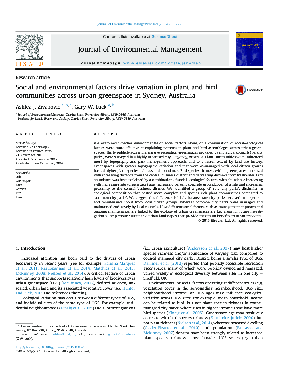 Social and environmental factors drive variation in plant and bird communities across urban greenspace in Sydney, Australia