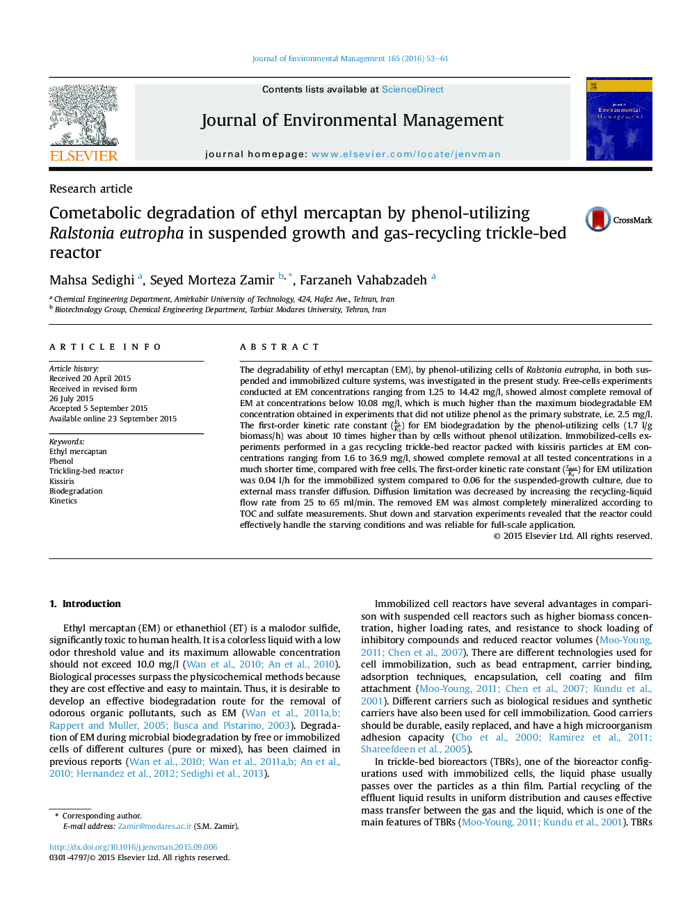 Cometabolic degradation of ethyl mercaptan by phenol-utilizing Ralstonia eutropha in suspended growth and gas-recycling trickle-bed reactor