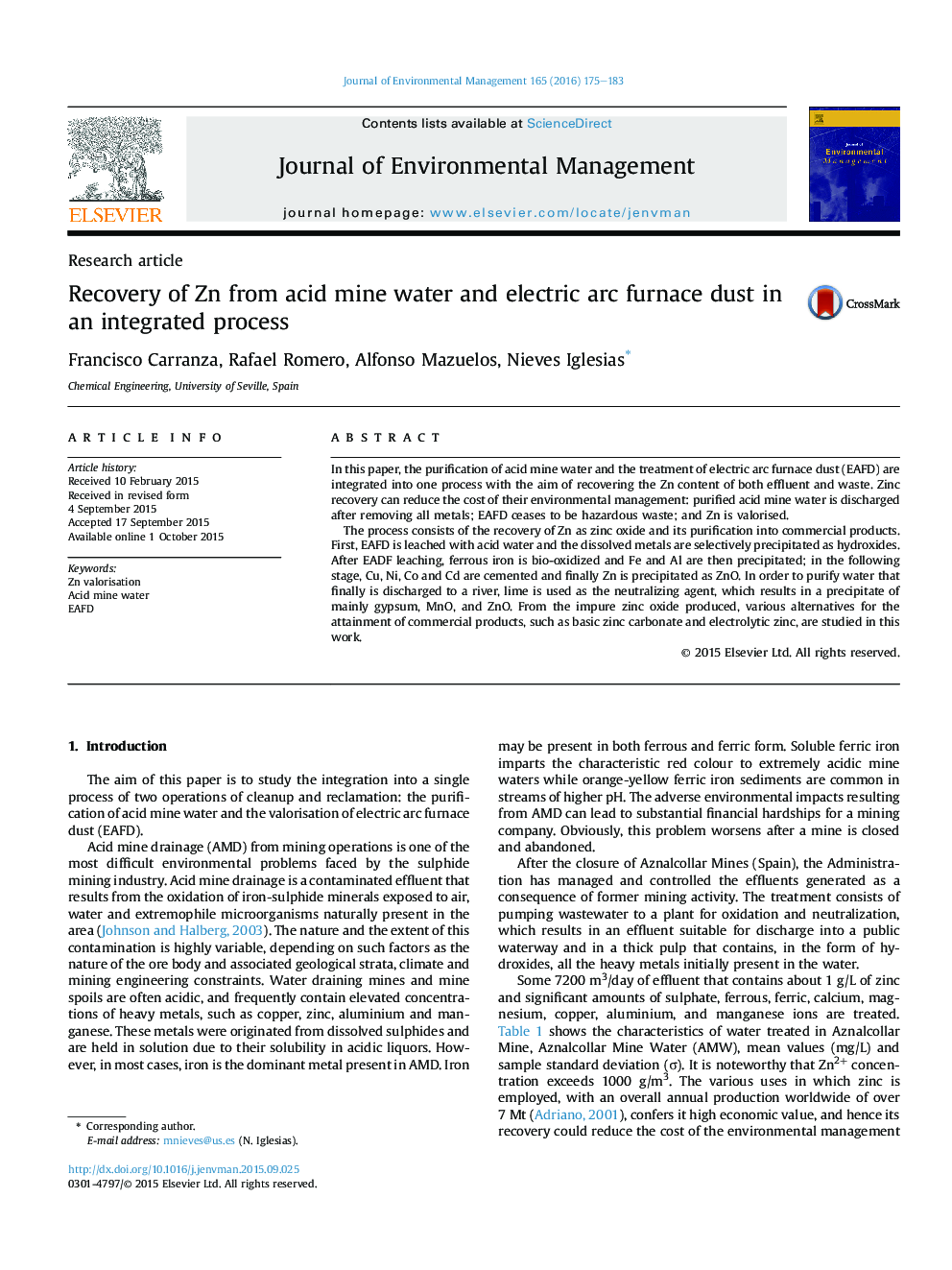 Recovery of Zn from acid mine water and electric arc furnace dust in an integrated process