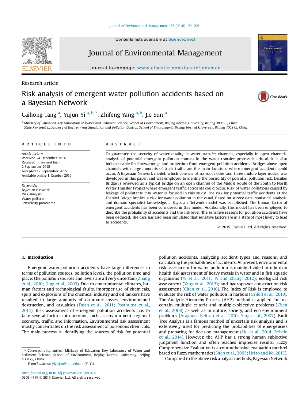 Risk analysis of emergent water pollution accidents based on a Bayesian Network