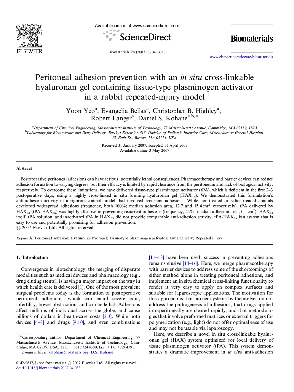 Peritoneal adhesion prevention with an in situ cross-linkable hyaluronan gel containing tissue-type plasminogen activator in a rabbit repeated-injury model