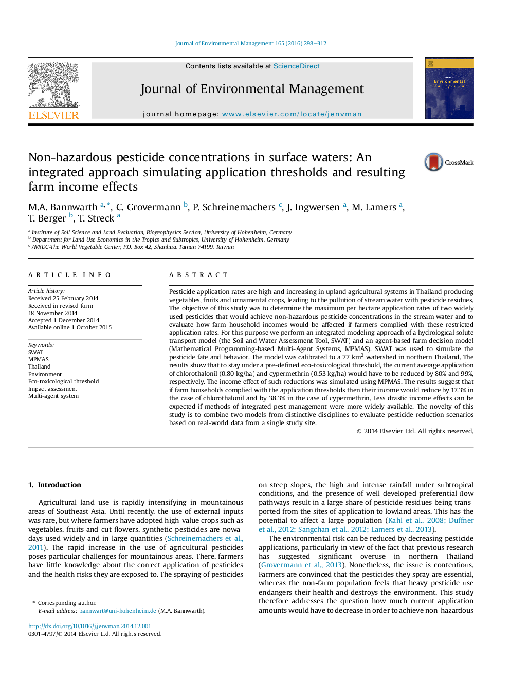 Non-hazardous pesticide concentrations in surface waters: An integrated approach simulating application thresholds and resulting farm income effects