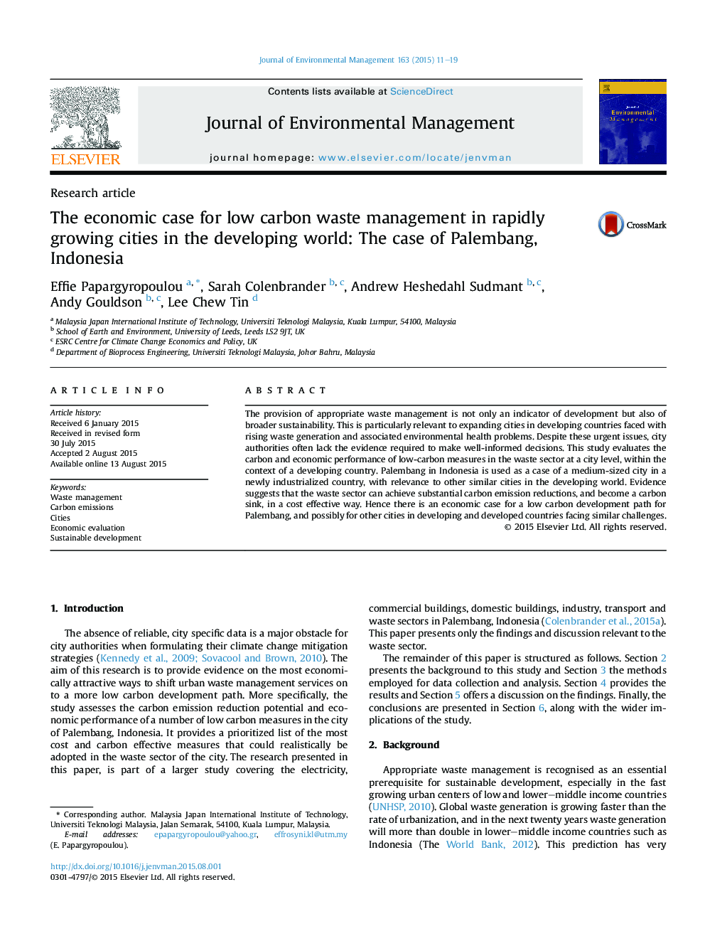 The economic case for low carbon waste management in rapidly growing cities in the developing world: The case of Palembang, Indonesia