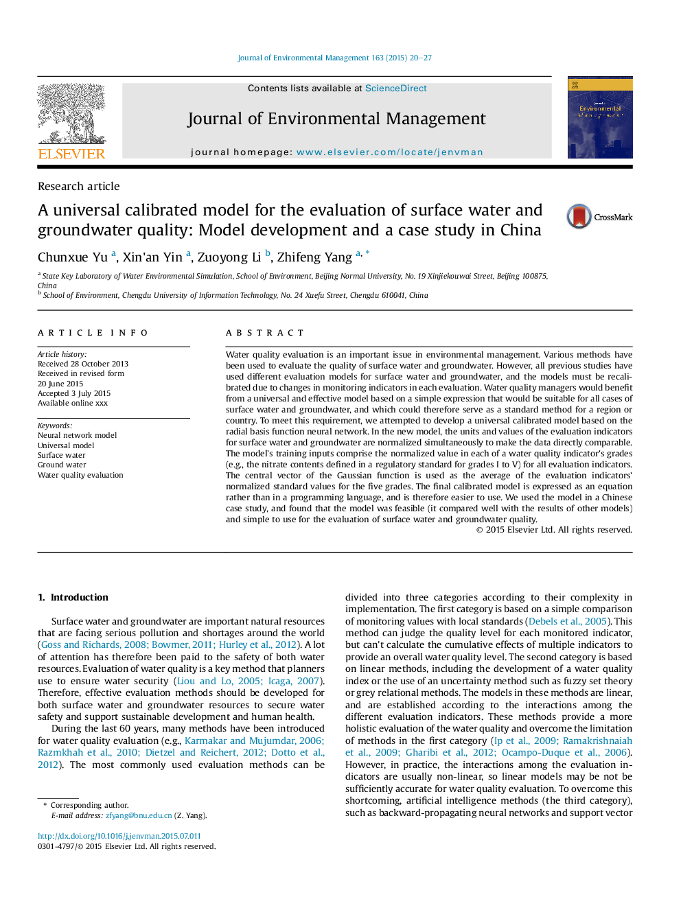 A universal calibrated model for the evaluation of surface water and groundwater quality: Model development and a case study in China