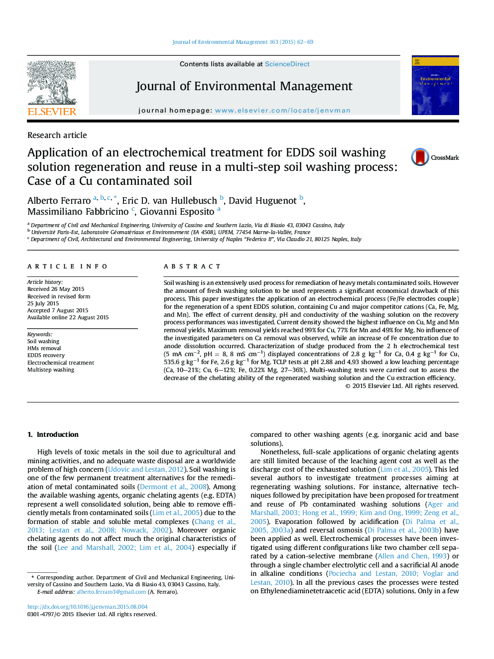 Application of an electrochemical treatment for EDDS soil washing solution regeneration and reuse in a multi-step soil washing process: Case of a Cu contaminated soil