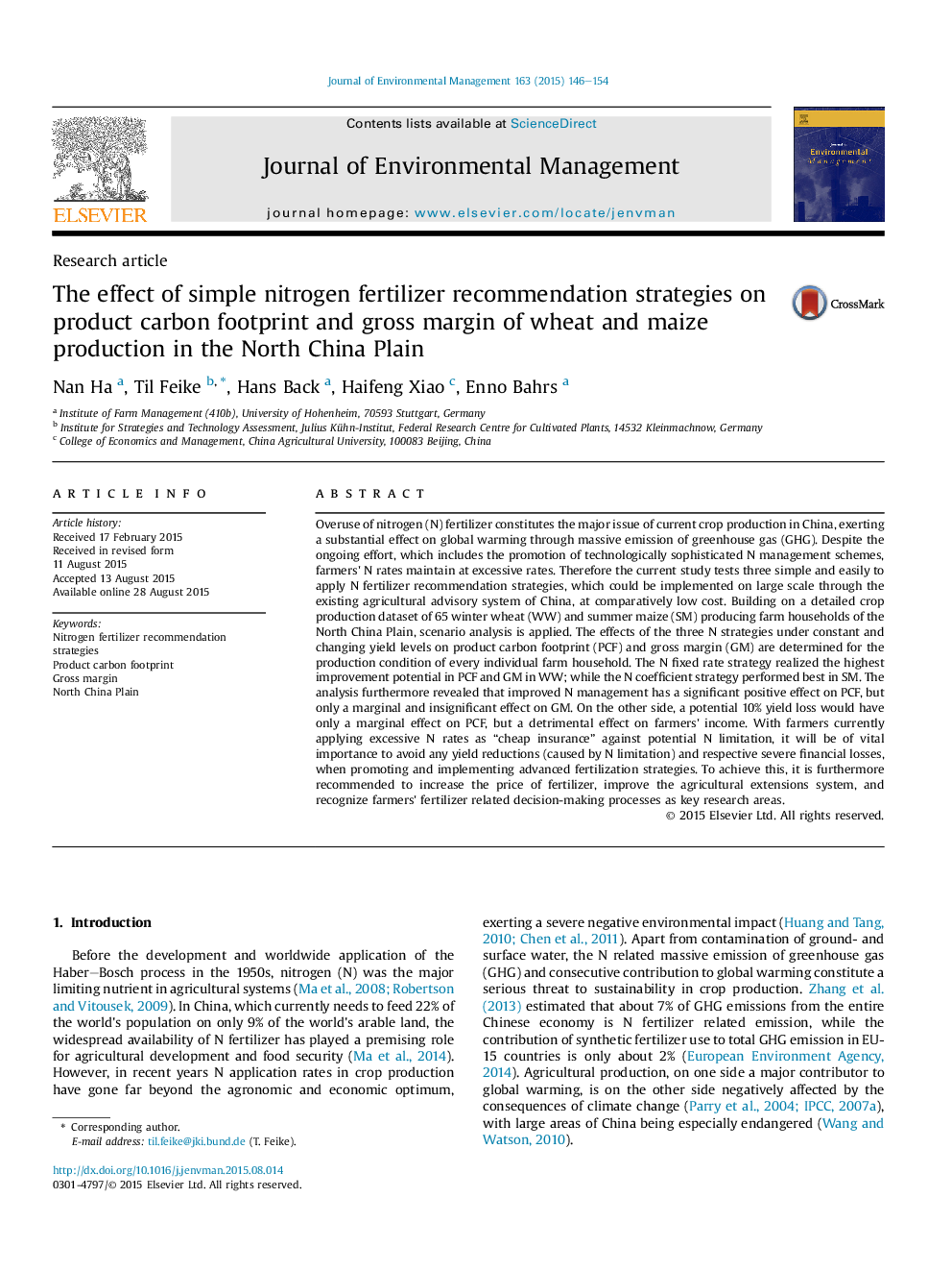 The effect of simple nitrogen fertilizer recommendation strategies on product carbon footprint and gross margin of wheat and maize production in the North China Plain