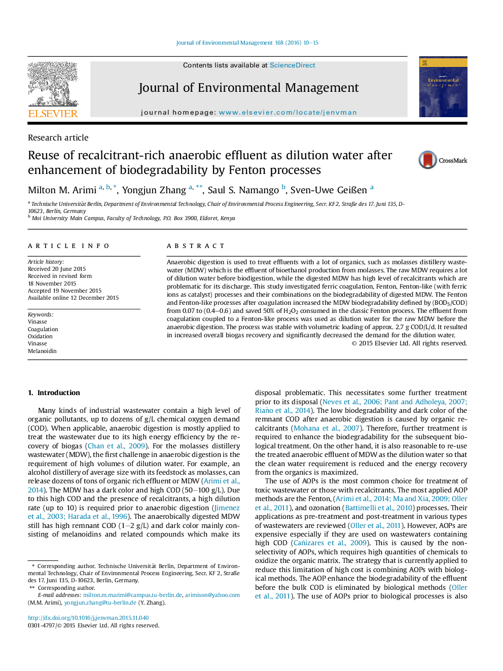 Reuse of recalcitrant-rich anaerobic effluent as dilution water after enhancement of biodegradability by Fenton processes