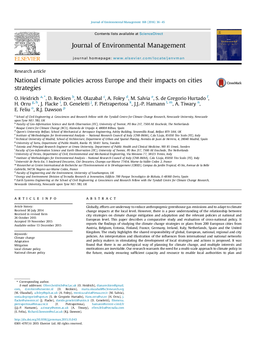 National climate policies across Europe and their impacts on cities strategies