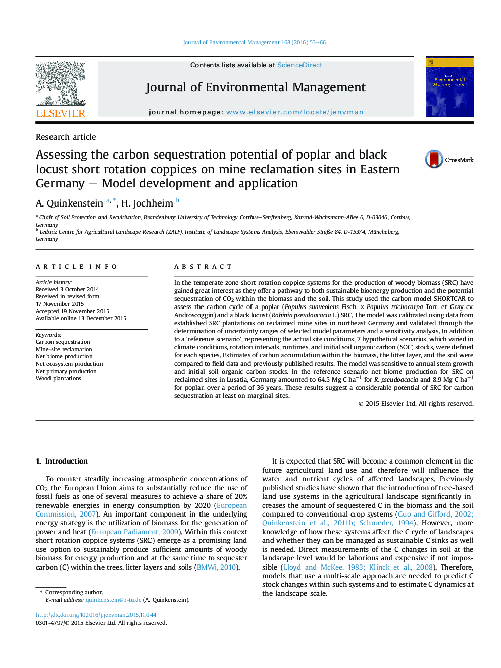 Assessing the carbon sequestration potential of poplar and black locust short rotation coppices on mine reclamation sites in Eastern Germany – Model development and application