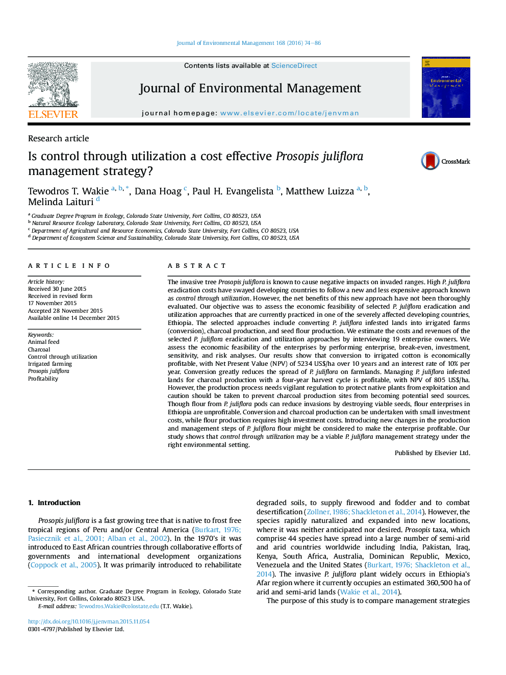 Is control through utilization a cost effective Prosopis juliflora management strategy?