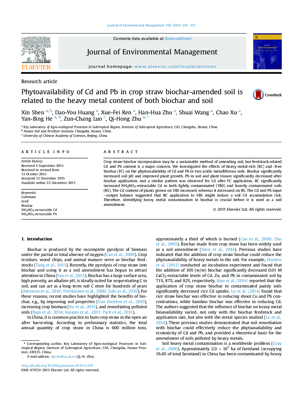 Phytoavailability of Cd and Pb in crop straw biochar-amended soil is related to the heavy metal content of both biochar and soil