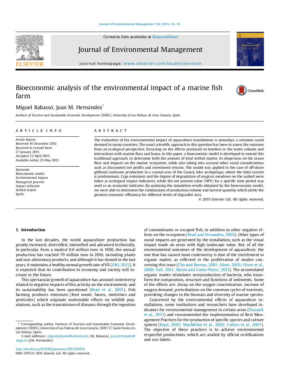 Bioeconomic analysis of the environmental impact of a marine fish farm