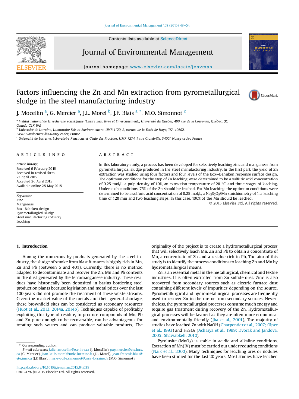 Factors influencing the Zn and Mn extraction from pyrometallurgical sludge in the steel manufacturing industry