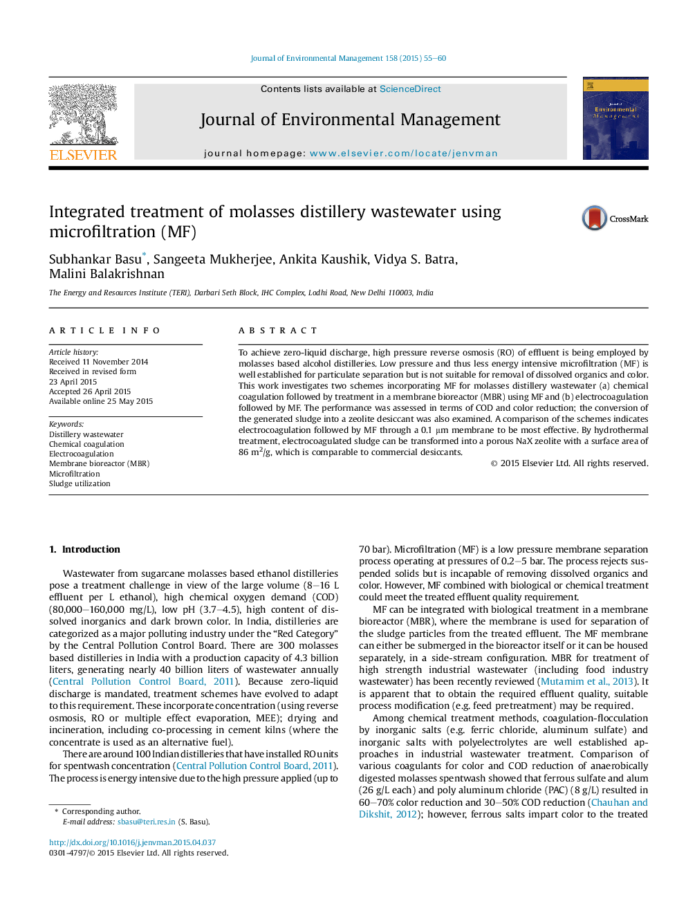 Integrated treatment of molasses distillery wastewater using microfiltration (MF)