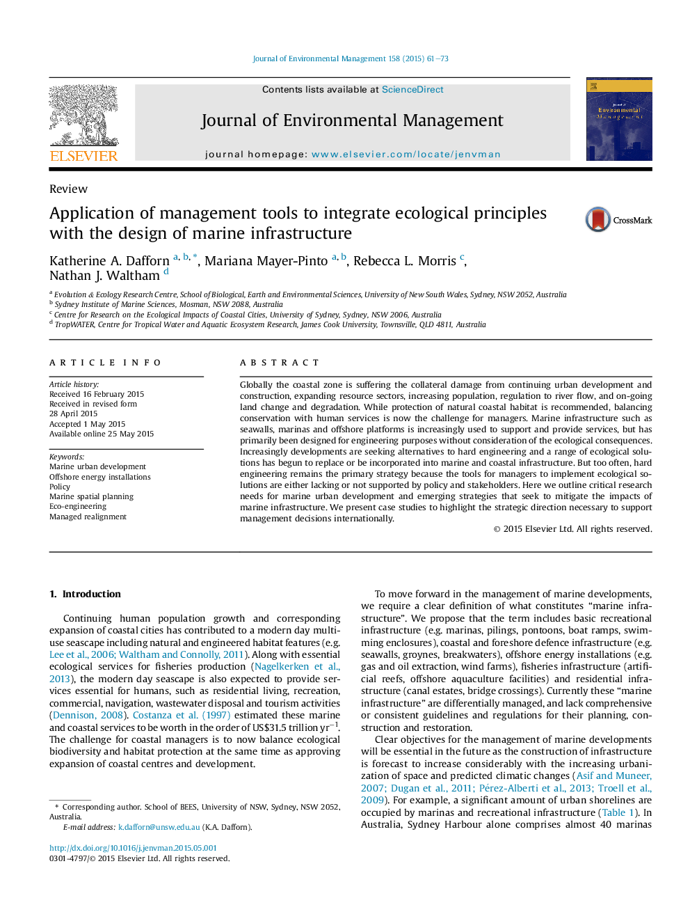 Application of management tools to integrate ecological principles with the design of marine infrastructure