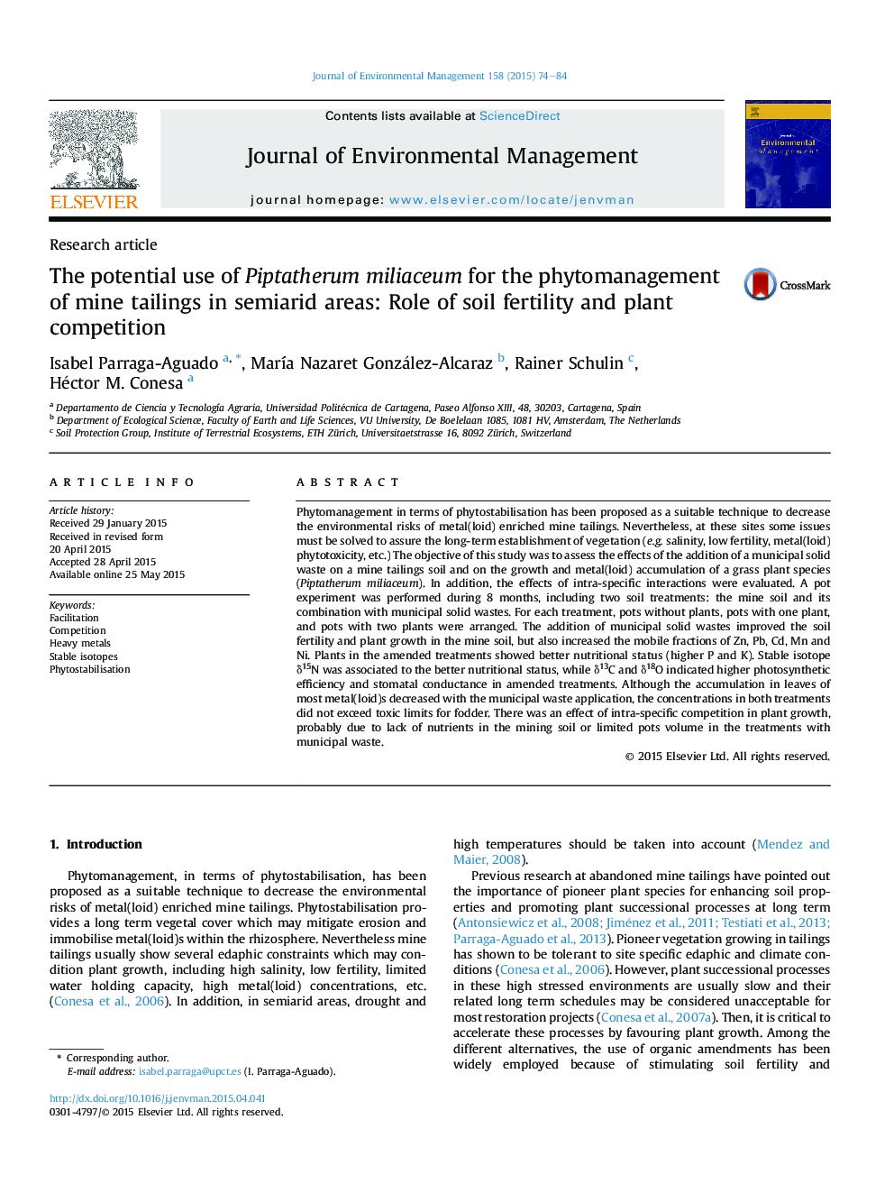 The potential use of Piptatherum miliaceum for the phytomanagement of mine tailings in semiarid areas: Role of soil fertility and plant competition