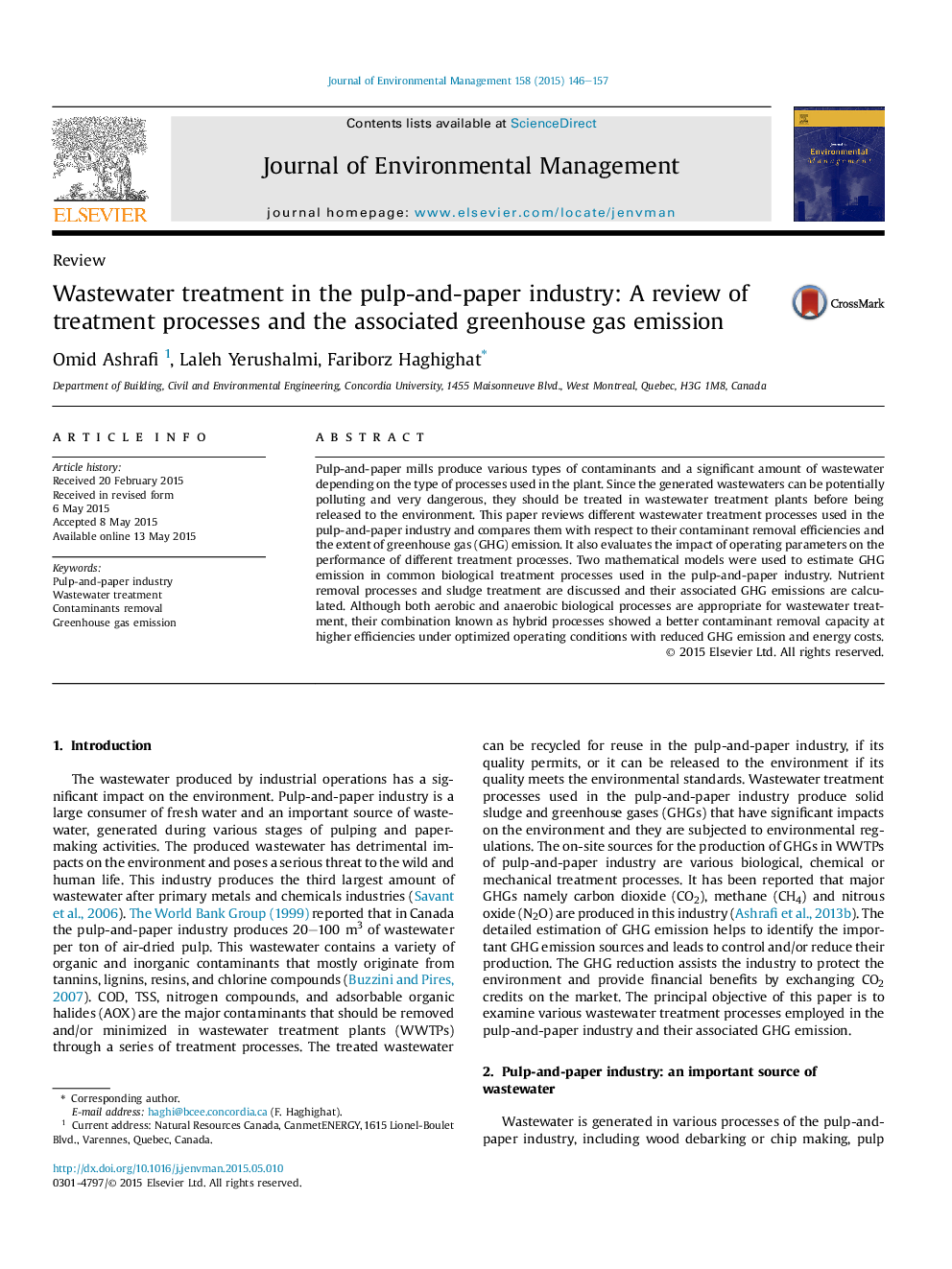 Wastewater treatment in the pulp-and-paper industry: A review of treatment processes and the associated greenhouse gas emission