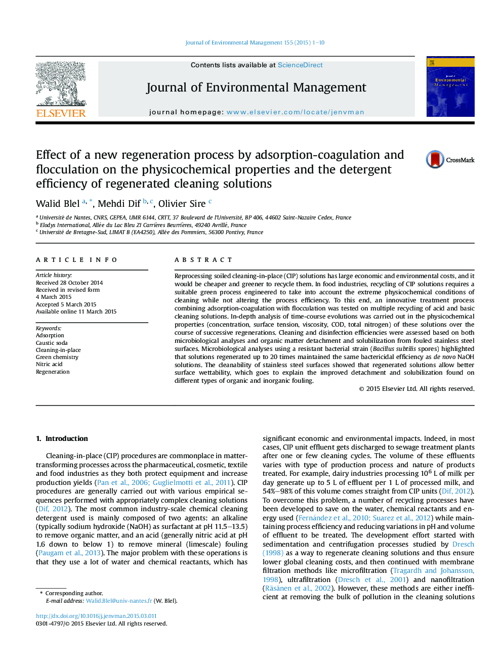 Effect of a new regeneration process by adsorption-coagulation and flocculation on the physicochemical properties and the detergent efficiency of regenerated cleaning solutions