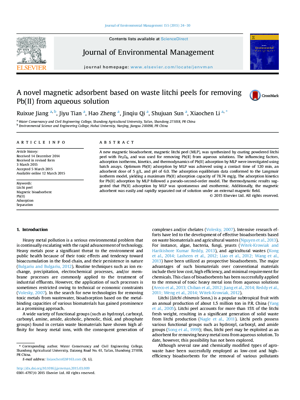 A novel magnetic adsorbent based on waste litchi peels for removing Pb(II) from aqueous solution