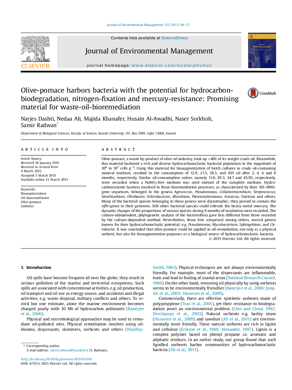 Olive-pomace harbors bacteria with the potential for hydrocarbon-biodegradation, nitrogen-fixation and mercury-resistance: Promising material for waste-oil-bioremediation