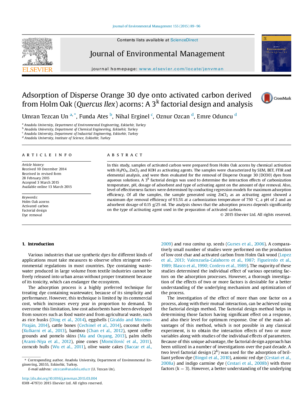 Adsorption of Disperse Orange 30 dye onto activated carbon derived from Holm Oak (Quercus Ilex) acorns: A 3k factorial design and analysis