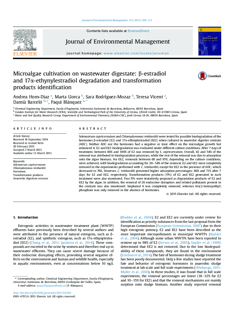 Microalgae cultivation on wastewater digestate: β-estradiol and 17α-ethynylestradiol degradation and transformation products identification