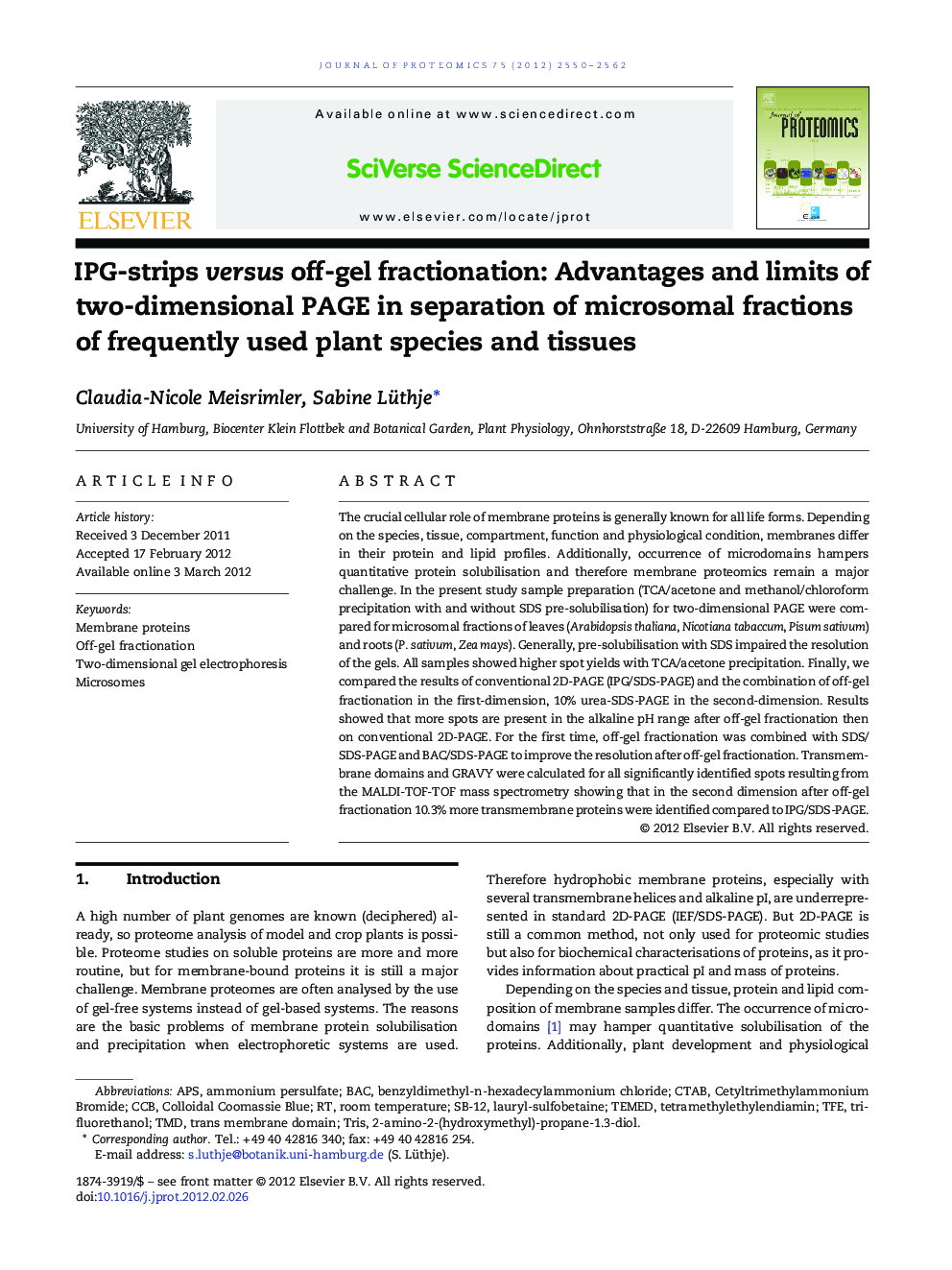 IPG-strips versus off-gel fractionation: Advantages and limits of two-dimensional PAGE in separation of microsomal fractions of frequently used plant species and tissues