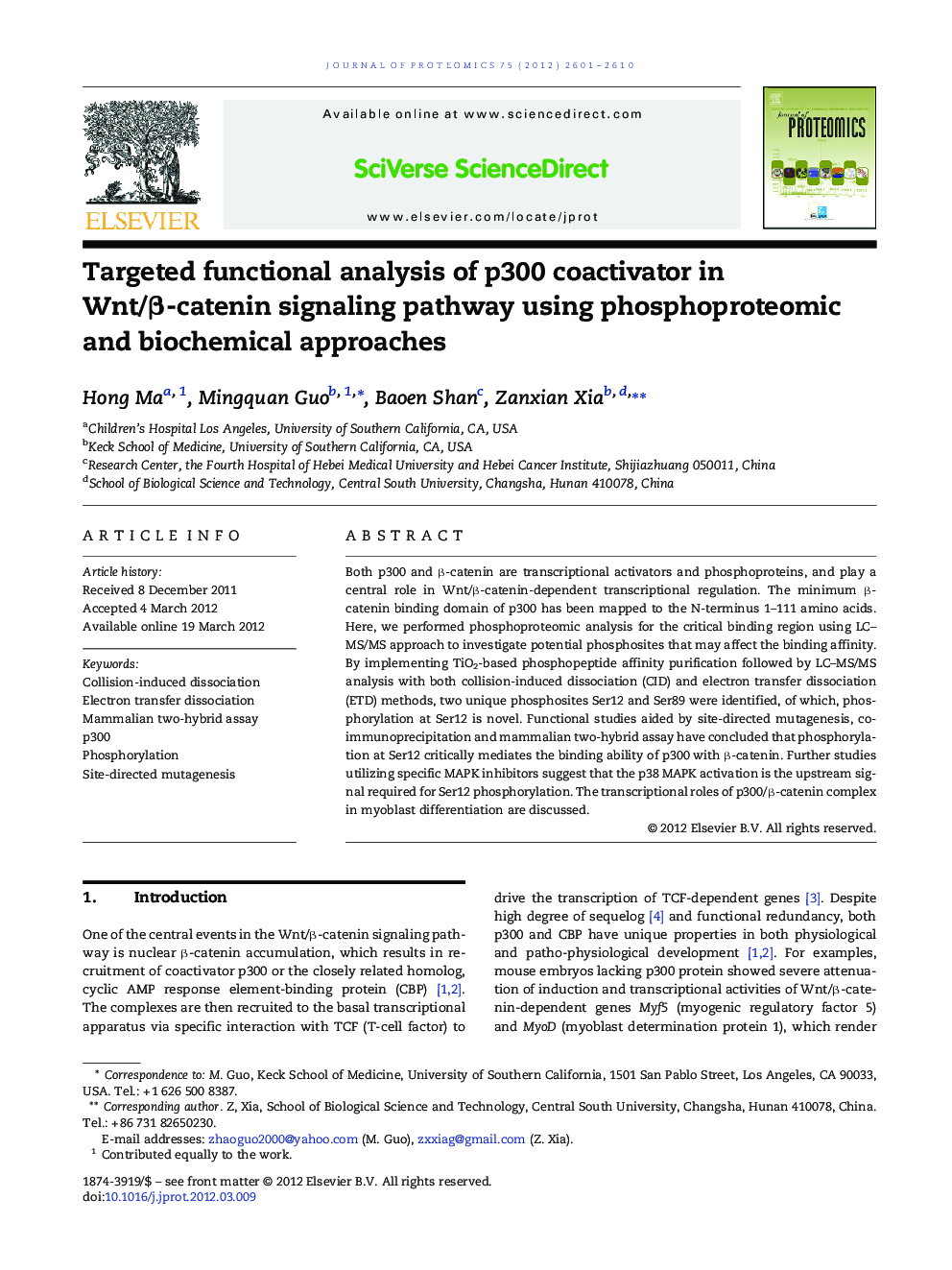 Targeted functional analysis of p300 coactivator in Wnt/Î²-catenin signaling pathway using phosphoproteomic and biochemical approaches