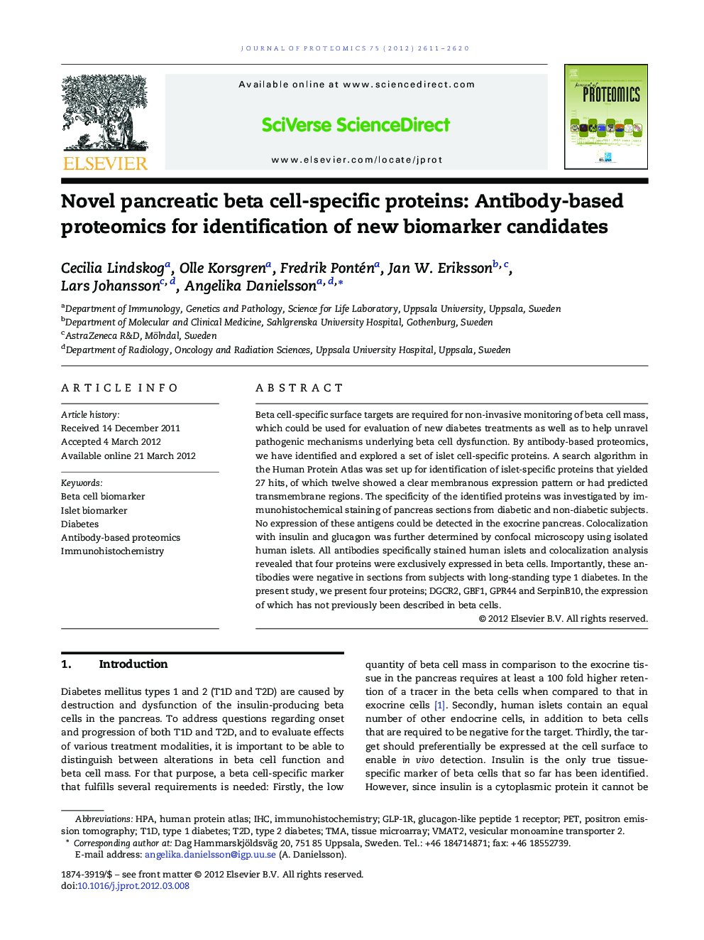 Novel pancreatic beta cell-specific proteins: Antibody-based proteomics for identification of new biomarker candidates