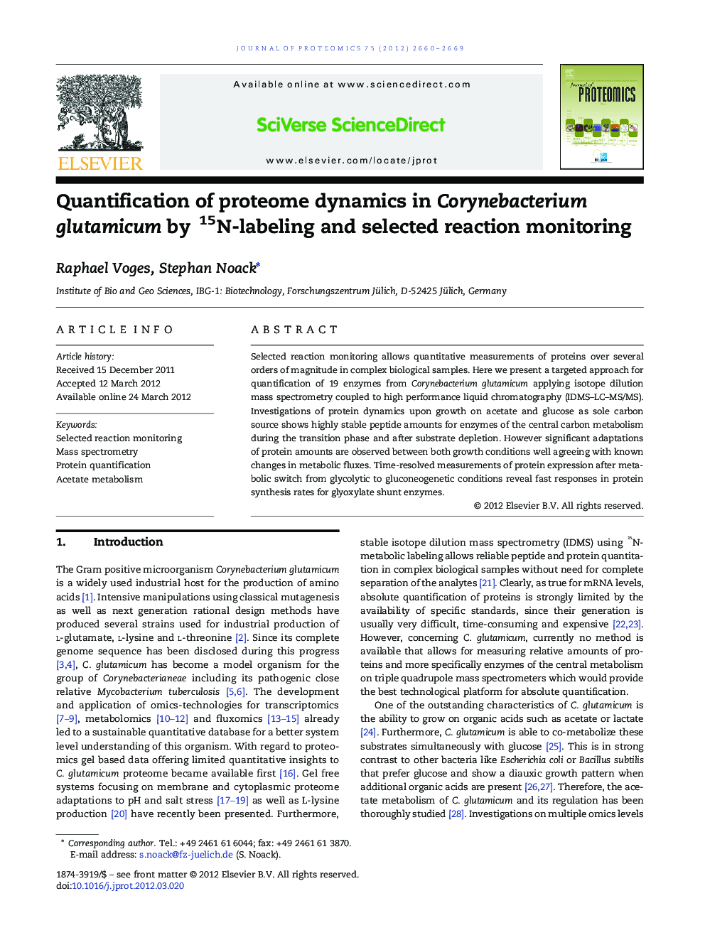 Quantification of proteome dynamics in Corynebacterium glutamicum by 15N-labeling and selected reaction monitoring