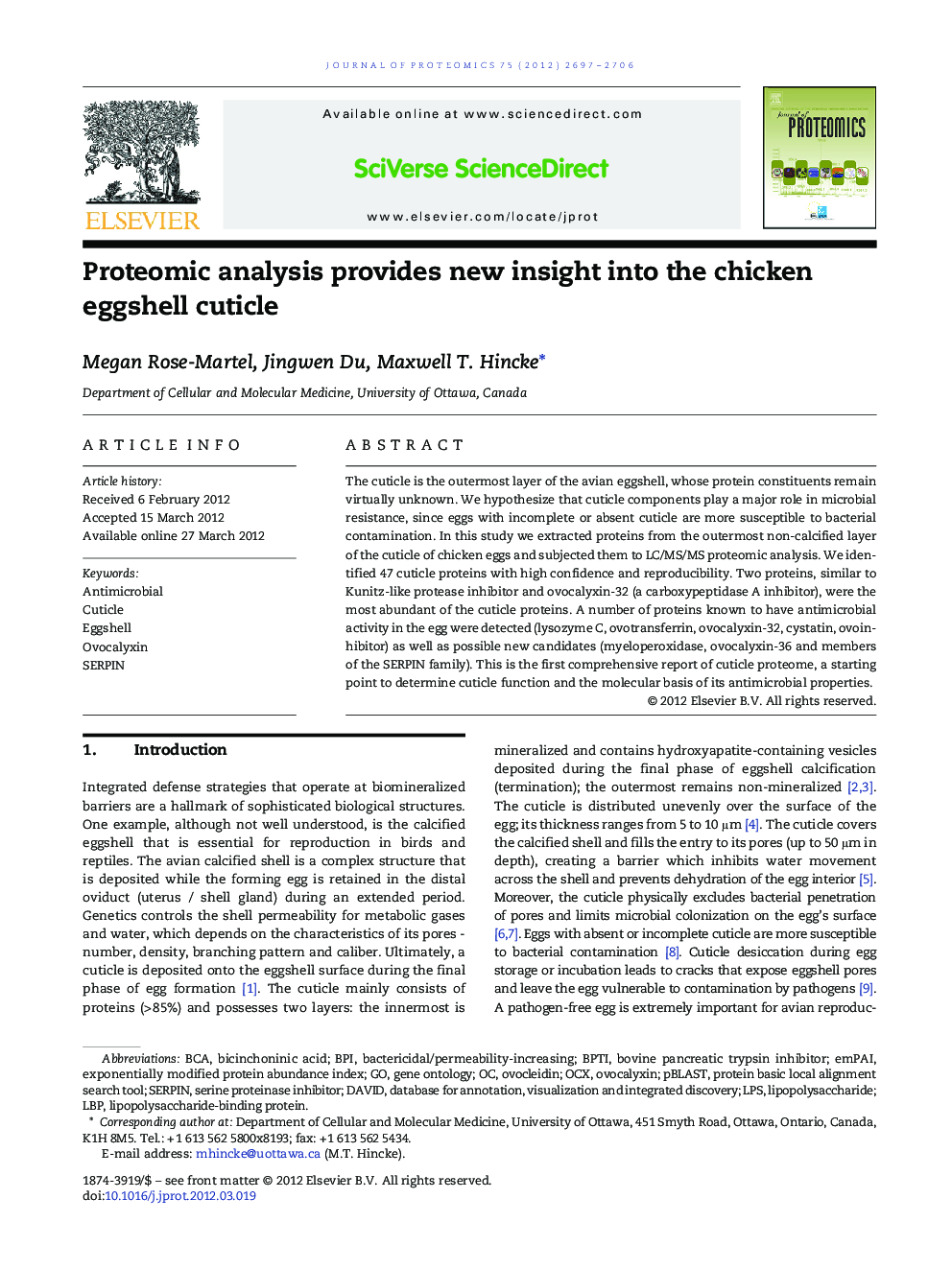 Proteomic analysis provides new insight into the chicken eggshell cuticle