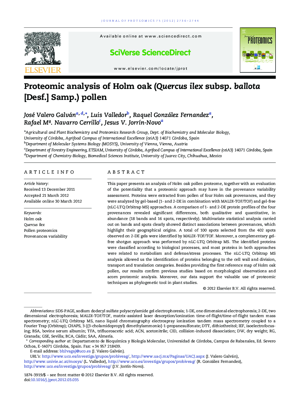 Proteomic analysis of Holm oak (Quercus ilex subsp. ballota [Desf.] Samp.) pollen