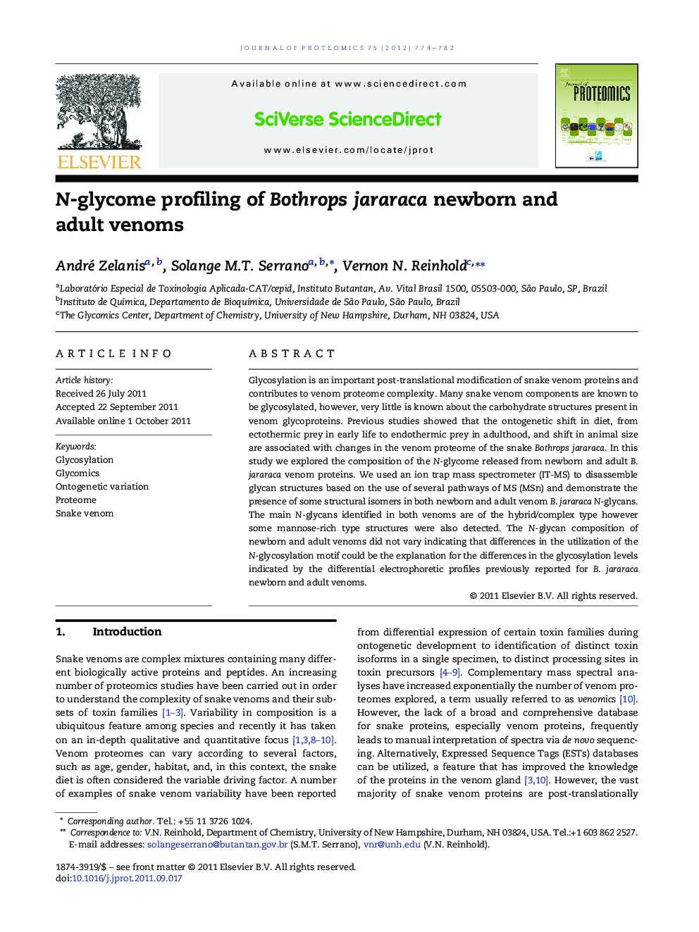 N-glycome profiling of Bothrops jararaca newborn and adult venoms