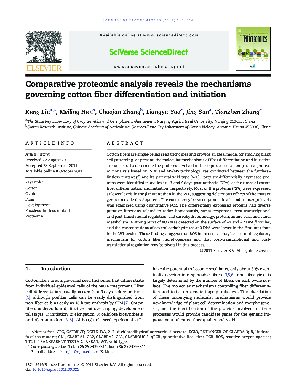 Comparative proteomic analysis reveals the mechanisms governing cotton fiber differentiation and initiation