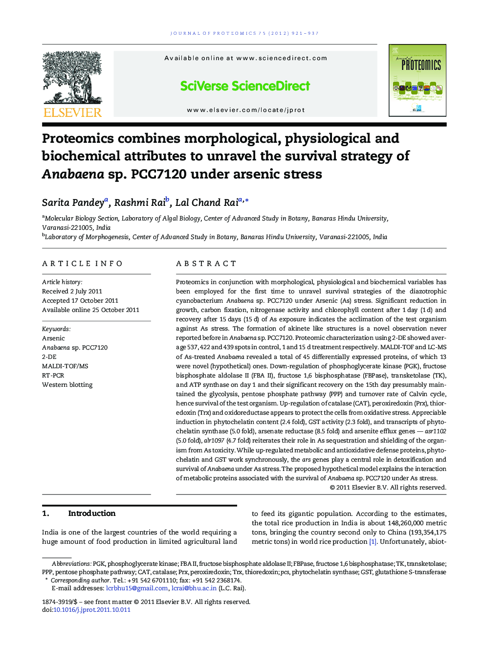 Proteomics combines morphological, physiological and biochemical attributes to unravel the survival strategy of Anabaena sp. PCC7120 under arsenic stress